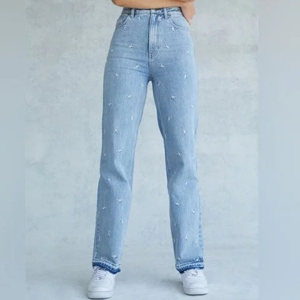 Pacsun Playboy Embroidered Jeans Size 26 High Rise Straight Leg Raw Hem Y2K